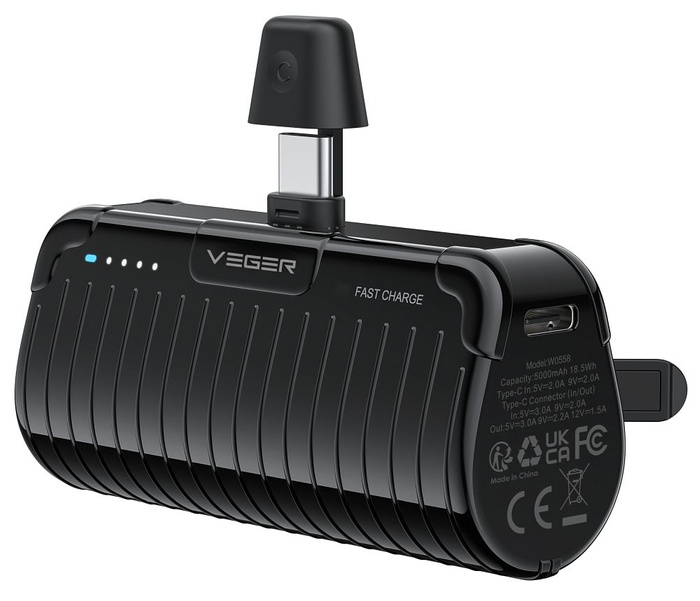 Powerbank Veger PlugOn (W0558) PD QC3.0 3A 20W 5000 mAh z wbudowanym złączem Typ C czarny