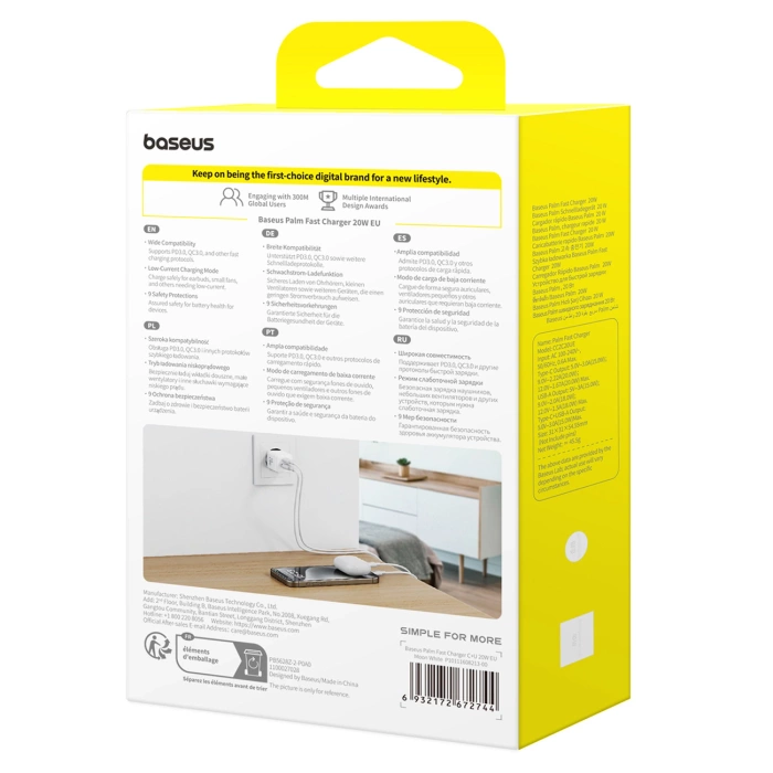 Baseus Palm 20W USB-C USB-A Wandladegerät - Weiß