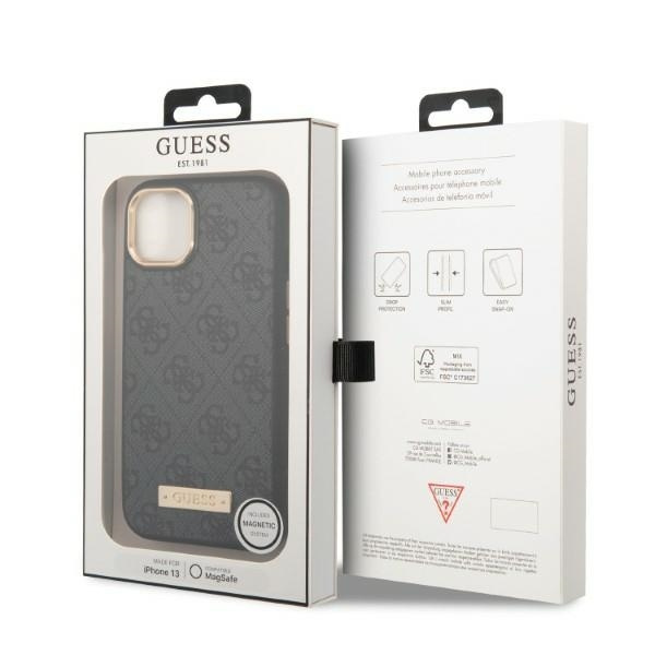 Hülle GUESS Apple iPhone 13 4G Logo Plate MagSafe Schwarz Hartcase