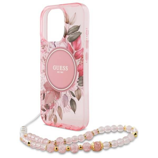 Etui Guess iPhone 16 Pro 6.3" różowy/pink hardcase IML Flowers With Pearl Strap MagSafe