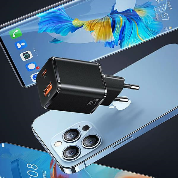 USAMS kormányzás. hálózat. 1xUSB-C + 1xUSB T43 33W (csak fej) PD3.0 + QC3.0 Gyorstöltés fehér / fehér CC144TC02 (US-CC144)