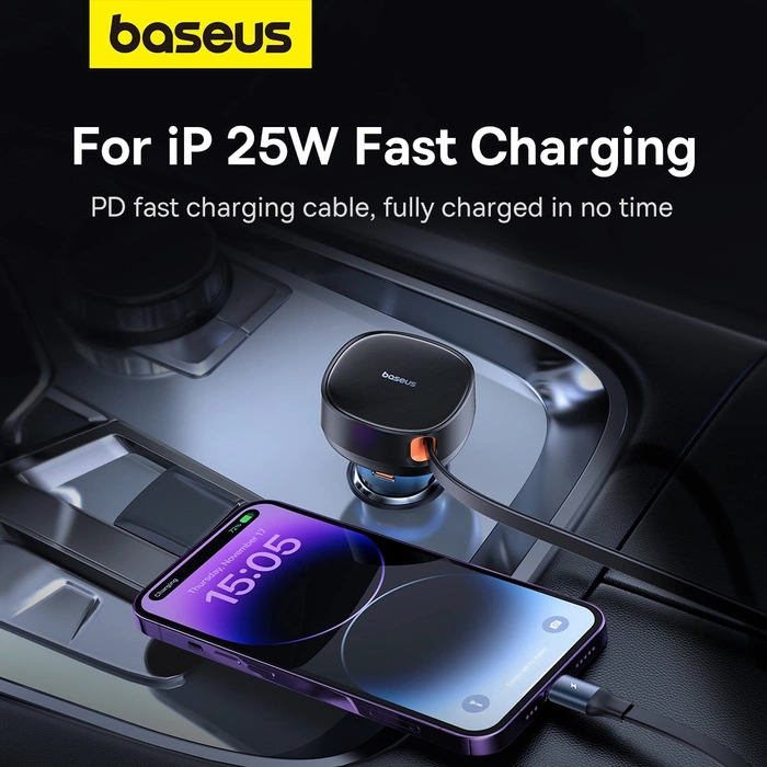 Car Charger Baseus Enjoyment USB with USB-C cable and Lightning  60W (black)