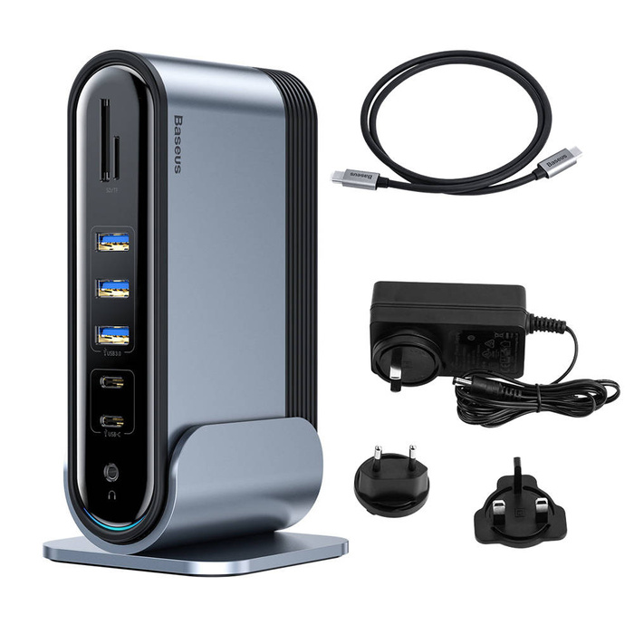 Baseus multifunctional HUB 3x USB 3.2 Gen 1 / 2x USB Type C / SD and micro SD card reader / AUX / 2x DisplayPort / 2x HDMI / RJ45 1Gbps Power Delivery 100W (EU / CN / UK plug set) gray (CAHUB-DG0G)