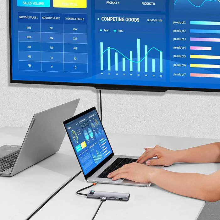 HUB multifonction Baseus Metal Gleam 11en1 USB Type C - 3x USB 3.2 Gen 1 5Gbps / USB Type C PD 100W / mini jack 3,5 mm AUX / VGA Full HD 60Hz / 2x HDMI 4K 30Hz / Lecteur de carte TF et SD / RJ45 1Gbps gris (CAHUB-CT0G)