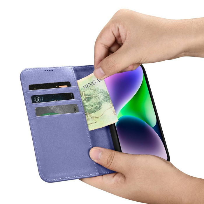 iCarer Wallet Case 2in1 iPhone 14 Flip Funda de cuero Anti-RFID Violeta claro (WMI14220725-LP)
