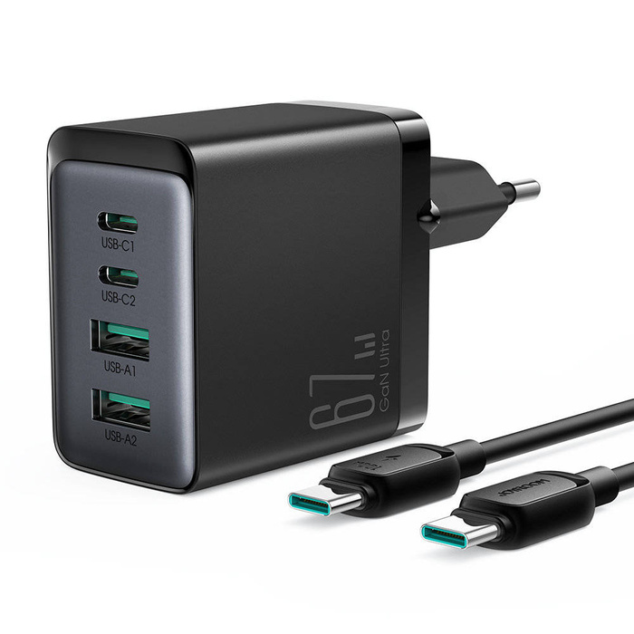 Cargador Joyroom GaN 67W 4 puertos (2x USB, 2x USB C) negro (TCG02) + cable USB C - USB C 100W 1,2m