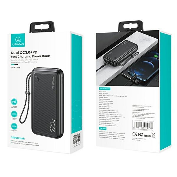 USAMS Powerbank PB60 20000mAh 22.5W 2xQC3.0+PD Fast Charge schwarz/schwarz 20KCD16801 (US-CD168)