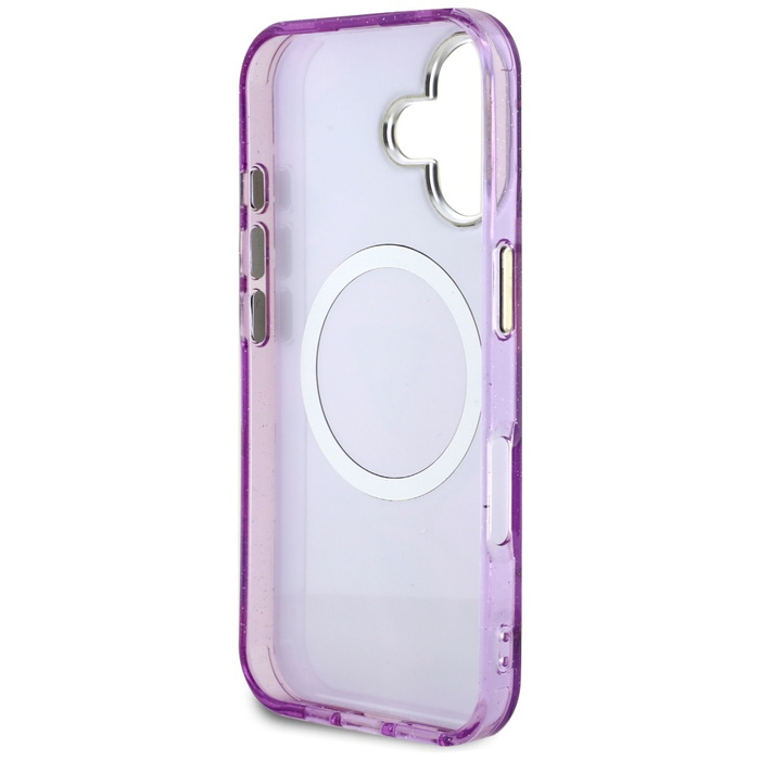 Etui Guess Glitter Flowers Triangle       Buttons MagSafe do iPhone 16 fioletowy