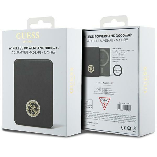 Guess Powerbank indukcyjny 5W GUPBM3AL4DMK 3000mAh czarny/black MagSafe 4G Strassed Metal Logo