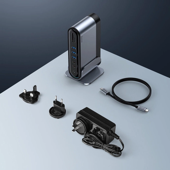 [APRÈS RETOUR] HUB multifonction Baseus 3x USB 3.2 Gen 1 / 2x USB Type C / Lecteur de carte SD et micro SD / AUX / 2x DisplayPort / 2x HDMI / RJ45 1Gbps Power Delivery 100W (EU / CN / UK plug set) gris (CAHUB-DG0G)