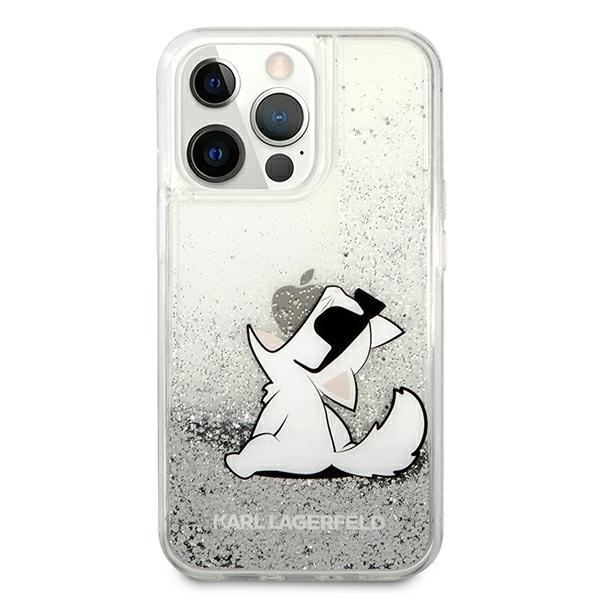 Puzdro KARL LAGERFELD Apple iPhone 13 Pro Liquid Glitter Choupette Fun strieborné pevné puzdro