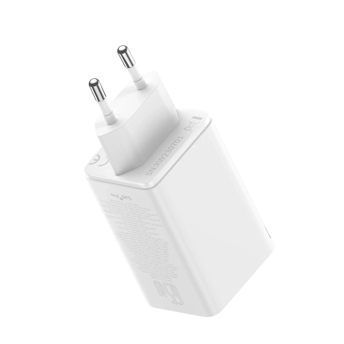 Ładowarka Baseus GaN6 Pro 65W 2 x USB-C 2 x USB-A z czarnym kablem USB-C 100W 1m - biała