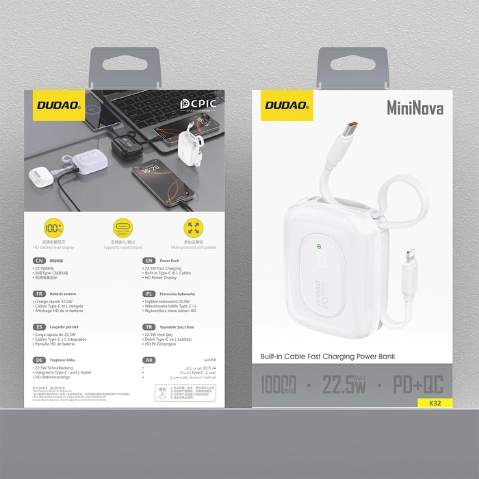 Powerbank Dudao K32 22,5W 10000 mAh z wbudowanym kablem USB-C/Lightning - biały