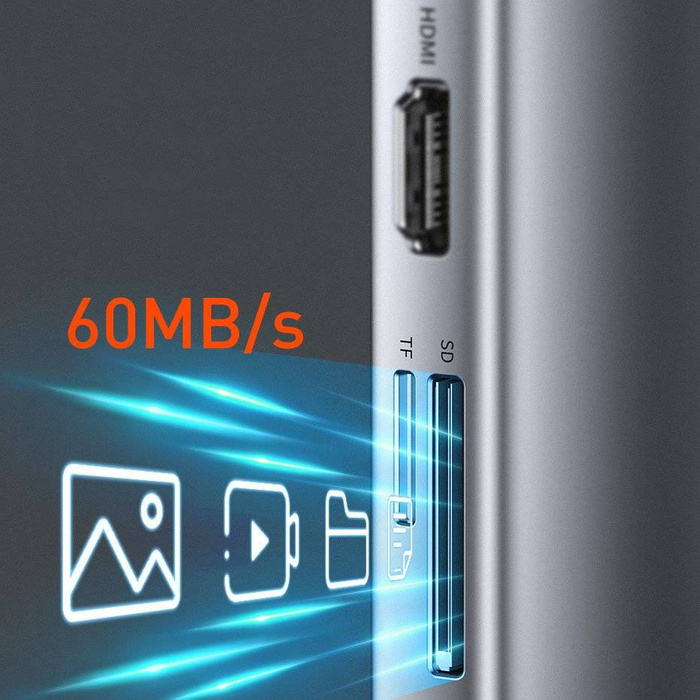 HUB multifonction Baseus Metal Gleam 11en1 USB Type C - 3x USB 3.2 Gen 1 5Gbps / USB Type C PD 100W / mini jack 3,5 mm AUX / VGA Full HD 60Hz / 2x HDMI 4K 30Hz / Lecteur de carte TF et SD / RJ45 1Gbps gris (CAHUB-CT0G)