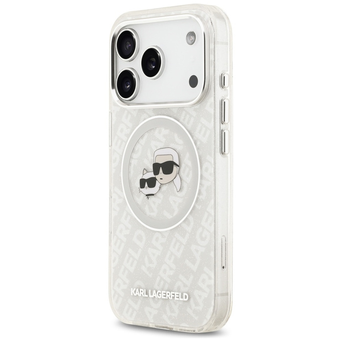 Etui Karl Lagerfeld IML Glitter Karl &   Choupette Heads Logo MagSafe do iPhone 17 Pro Max szary