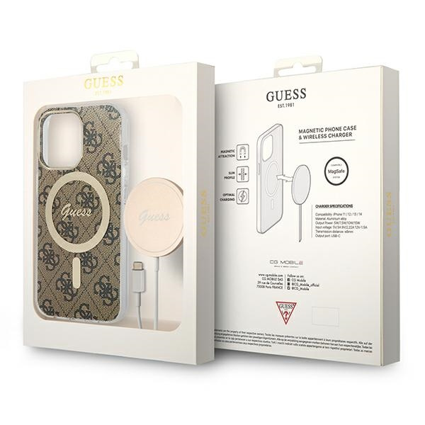 Kit Coque Guess Case+ Chargeur iPhone 13 Pro Max marron/marron dur case 4G Print MagSafe