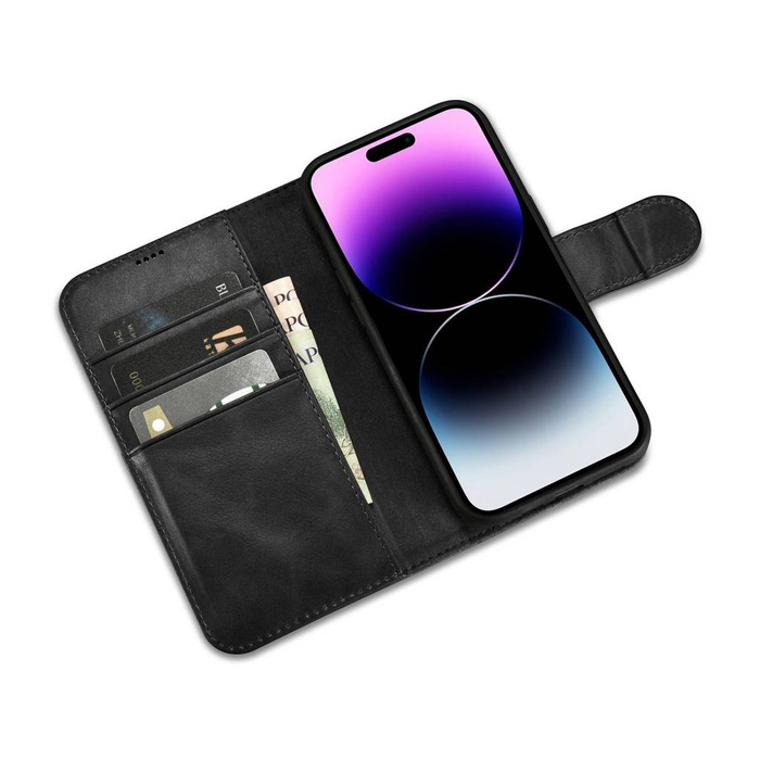 iCarer Oil Wax Wallet Case 2in1 iPhone 14 Pro Flip Leather Cover Anti-RFID schwarz (WMI14220722-BK)