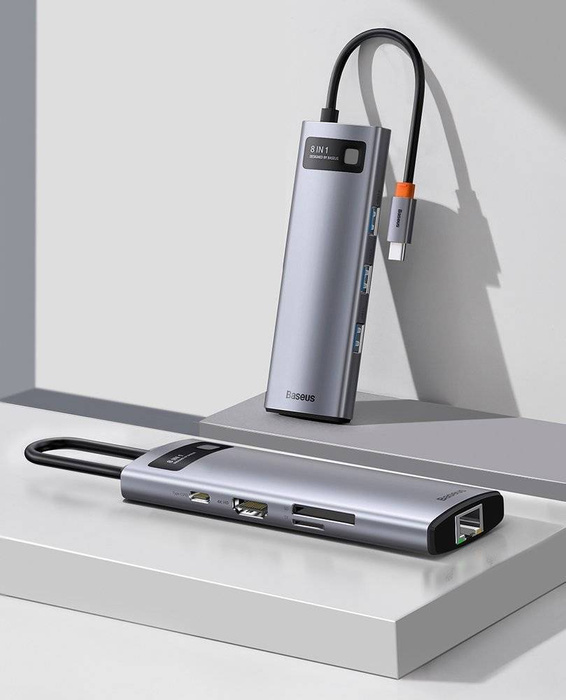 Baseus Metal Gleam 8in1 multifunctional HUB USB Type C - USB Type C Power Delivery 100 W / HDMI 4K 30 Hz / SD and microSD memory card reader / 3x USB 3.2 Gen 1 / RJ45 1 Gbps Gray (CAHUB-CV0G)