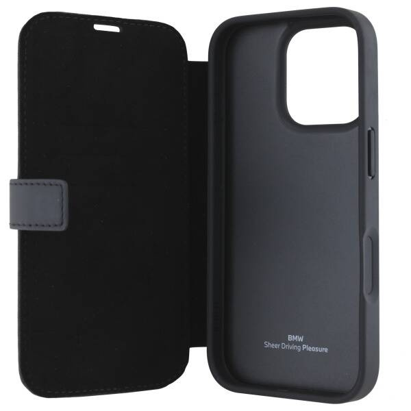 Coque BMW iPhone 16 Pro black/black bookcase Signature Leather Wordmark