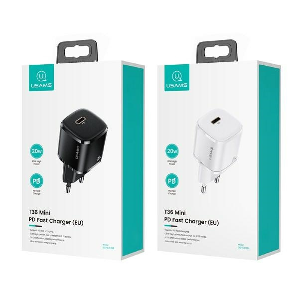 Chargeur USAMS 1xUSB-C T36 Mini PD3.0 20W Chargement rapide CC124TC02 US-CC124 Blanc