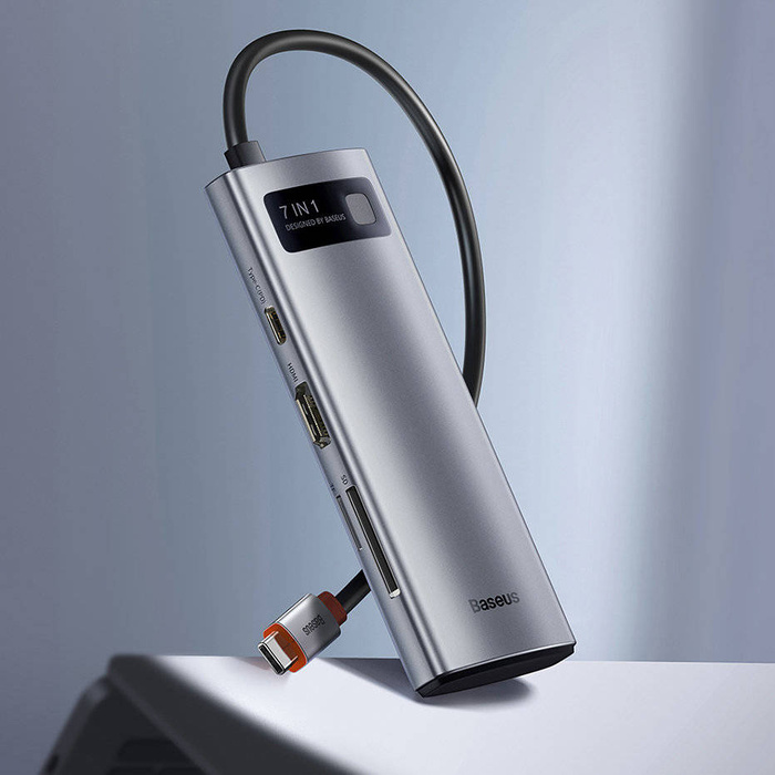 Baseus Metal Gleam Series multifuncional HUB USB 7in1 Tipo C HDMI TF PD lector de tarjetas gris (WKWG020113)