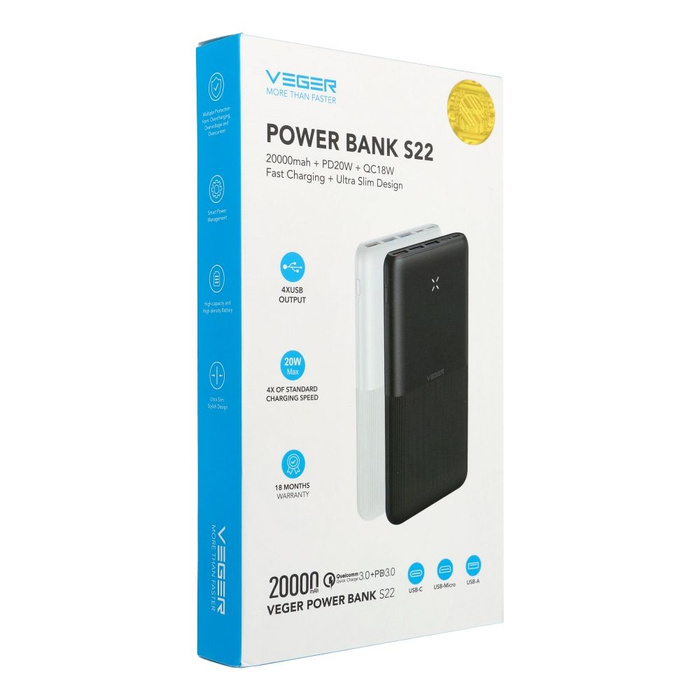 Powerbank Veger (W2060) PD QC3.0 3A 20W 20000 mAh czarny