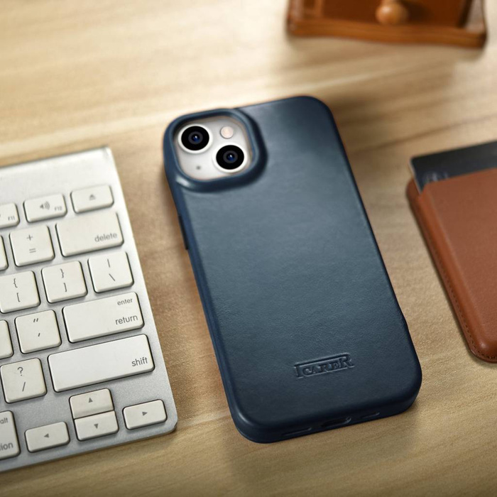 iCarer CE Oil Wax Premium Leather Folio Case Custodia in pelle per iPhone 14 Flip magnetico MagSafe blu (AKI14220705-BU)