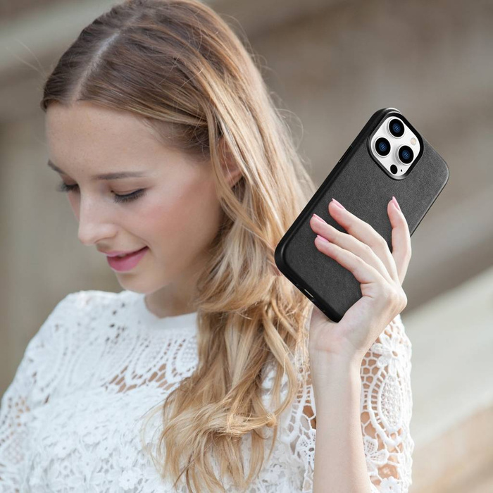 iCarer Case Leather Original Leather Case Cover pro iPhone 14 Pro Max Black (WMI14220708-BK) (kompatibilní s MagSafe)