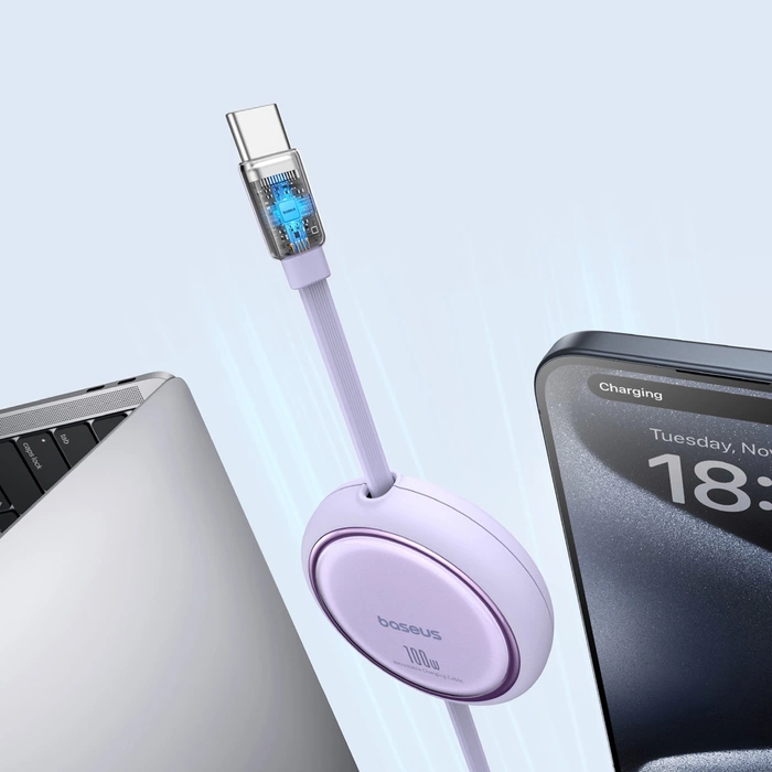 Baseus Free2Draw Mini USB-C - USB-C navíjecí kabel 100W 1m - fialový