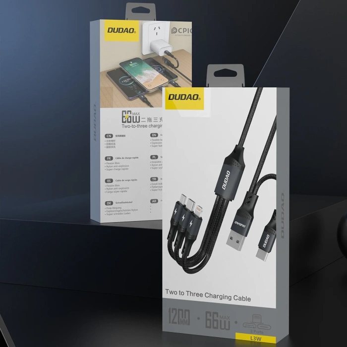 Kabel Dudao L3W USB-A/USB-C do Lightning/USB-C/MicroUSB 66W - czarny