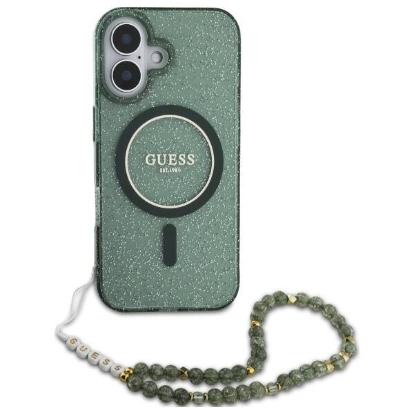 Etui Guess iPhone 16 6.1" zielony/green hardcase IML Glitter With Pearl Strap MagSafe