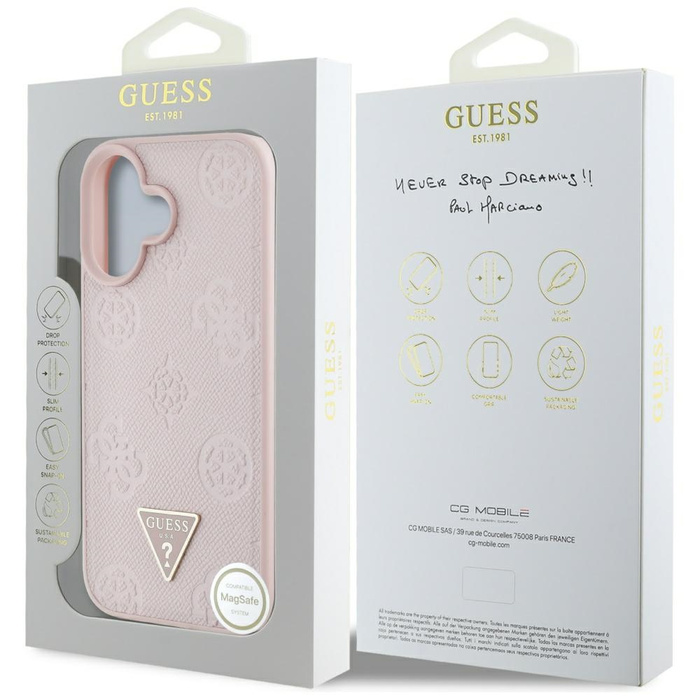 Etui Guess Grained Hot Stamp Peony       Triangle Logo MagSafe do iPhone 16 różowy