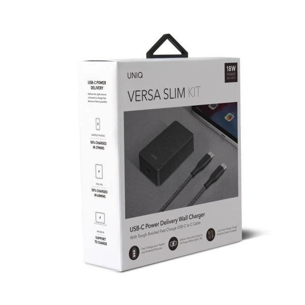 UNIQ Versa Slim USB-C PD 18W Wall Charger + USB-C to USB-C cable (LITHOS Collective) Black