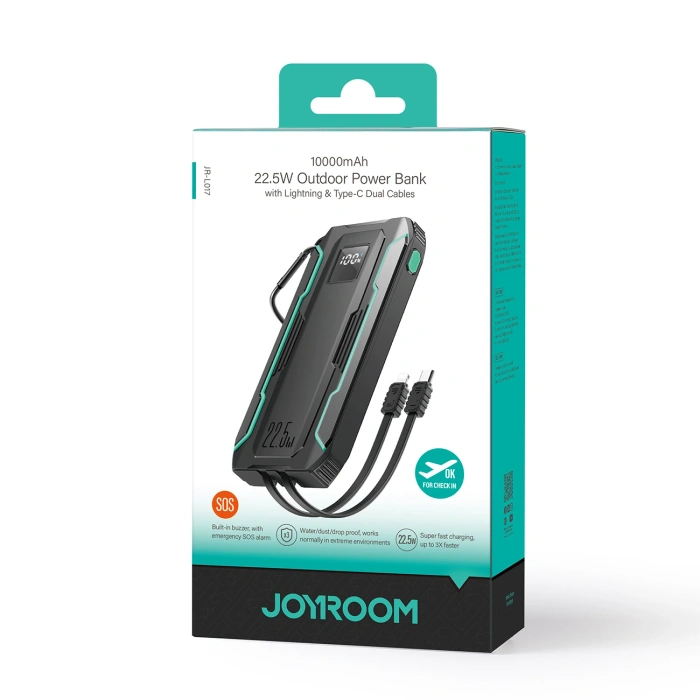 Powerbank Joyroom JR-L017 22.5W 10000mAh z wbudowanymi kablami USB-C / Lightning - czarny