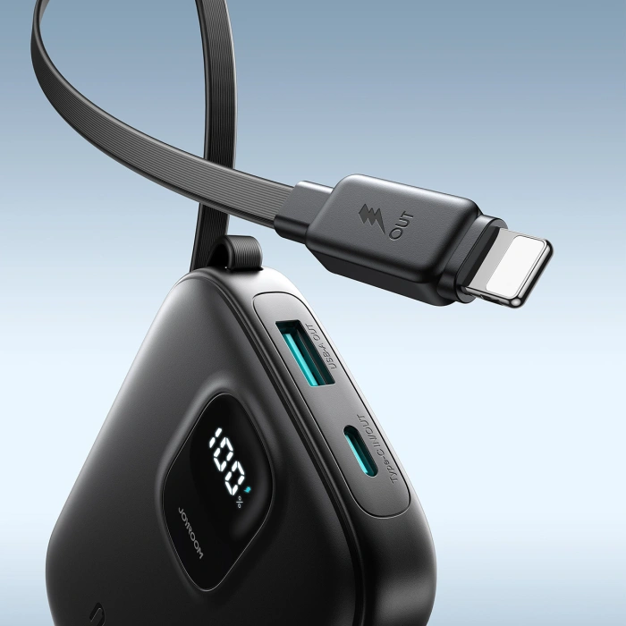 Powerbank Joyroom JR-PBF18 22.5W 10000mAh z wbudowanym kablem Lightning + kabel USB-C 0.25 cm  - czarny