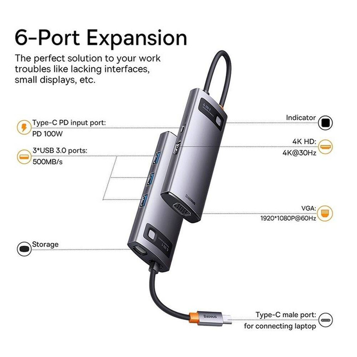 Baseus Metal Gleam Series Docking Station HUB 6 in 1 USB Type C - 1 x HDMI / 3 x USB 3.2 Gen. 1/1 x Power Delivery / 1 x VGA gray (WKWG030013)