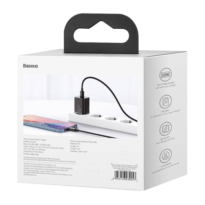 Baseus Super Si 1C Schnellladegerät USB Typ C 20W Power Delivery + USB-Kabel Typ C - Lightning 1m schwarz (TZCCSUP-B01)