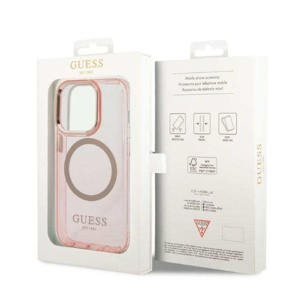 Guess GUHMP14LHTCMP iPhone 14 Pro 6,1" růžový/růžový hard case Zlatý obrys průsvitný MagSafe