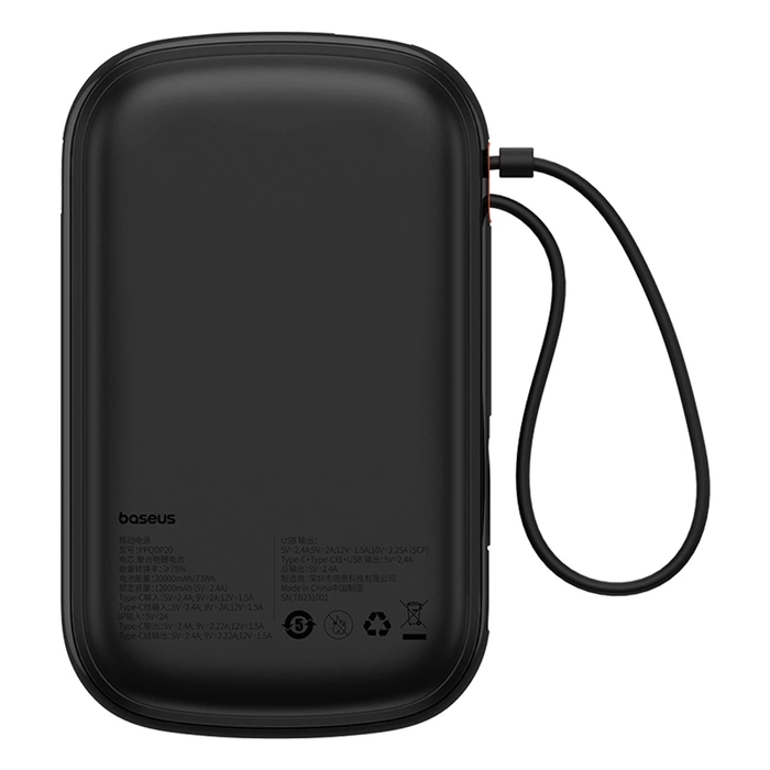Baseus Qpow Pro+ 20000mAh 22.5W powerbank with built-in USB-C cable and display - black