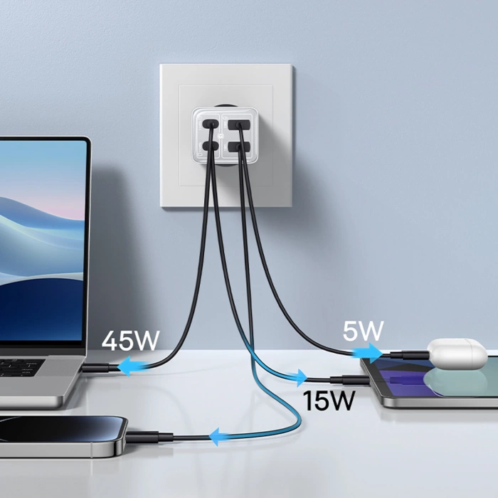 Ładowarka Baseus GaN6 Pro 65W 2 x USB-C 2 x USB-A z czarnym kablem USB-C 100W 1m - biała