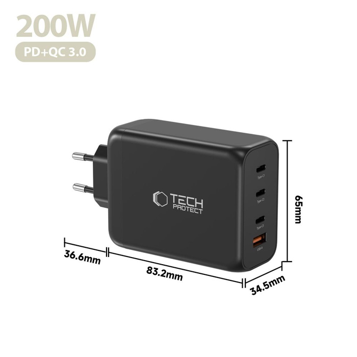 TECH-PROTECT NC200W-GAN 4-PORT NETWORK CHARGER PD 200W / QC3.0 BLACK
