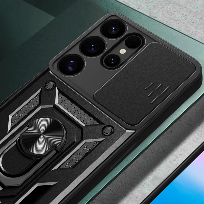 Hybrid Armor Camshield-Hülle mit Kameraabdeckung und Metallring für Samsung Galaxy S25 Ultra – Schwarz
