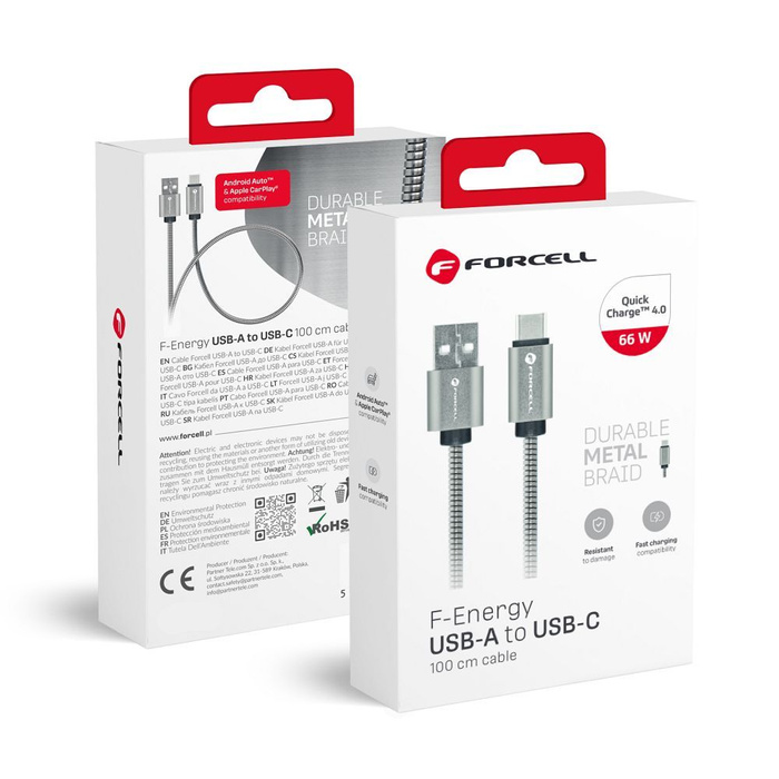 Kabel USB A do USB C Forcell F-Energy QC3.0 2,4A 12W Metal 1 m C234 srebrny
