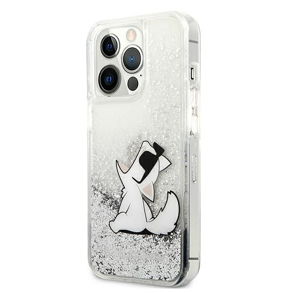 Pouzdro KARL LAGERFELD Apple iPhone 13 Pro Liquid Glitter Choupette Fun Silver Hardcase
