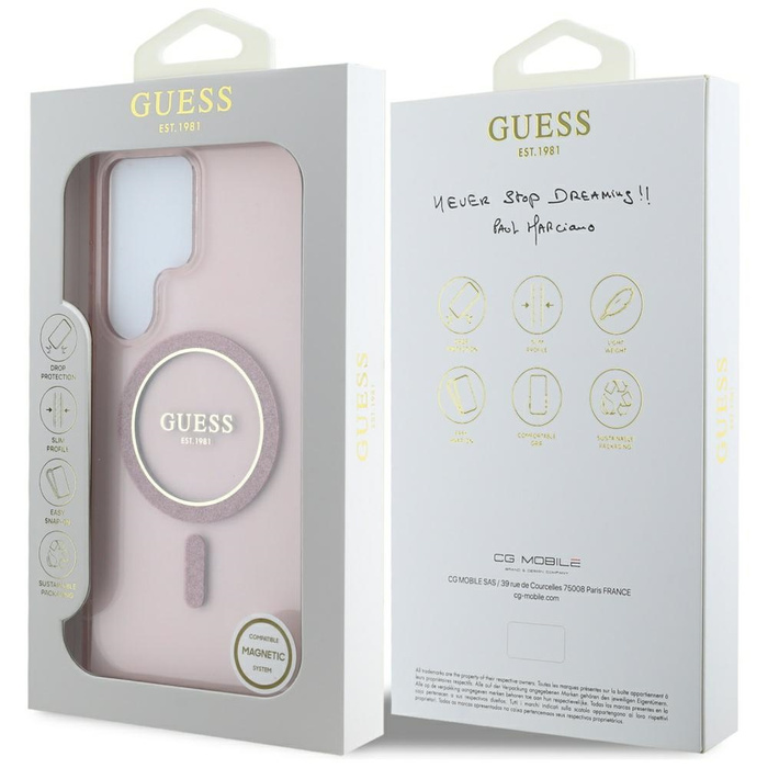Etui Guess Glitter Circle Classic Logo    MagSafe do Samsung Galaxy S25 Ultra różowy