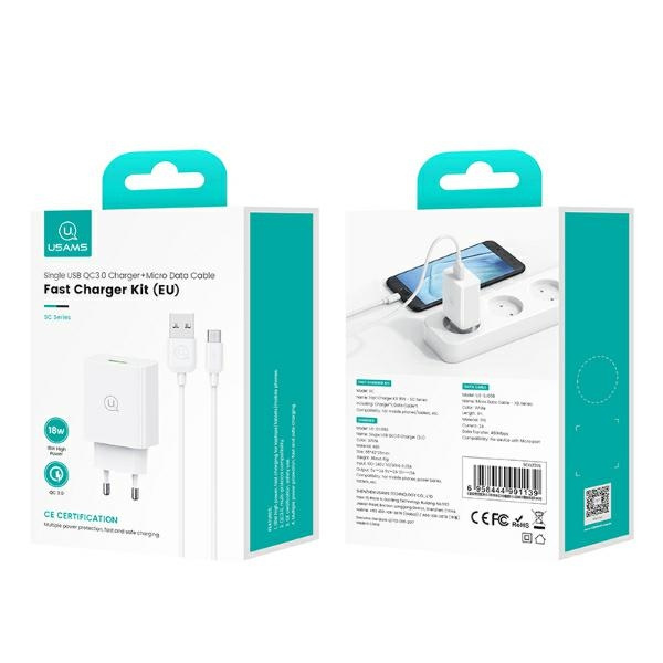 USAMS Ład. siec. 18W + kabel Micro/USB-A 1m Fast Charging biały/white series SC SCXLTZ01