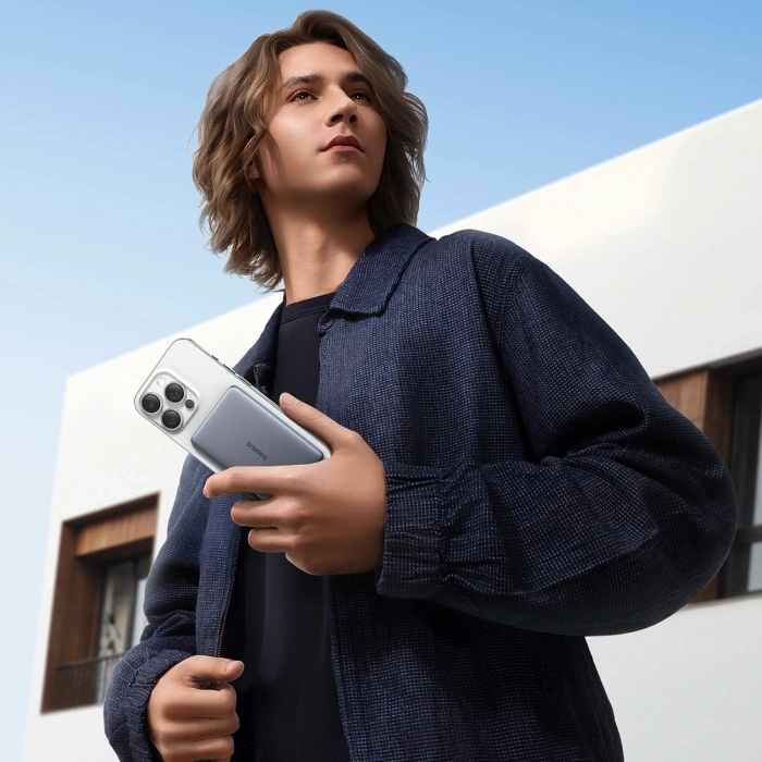 Powerbank Baseus PicoGo AM41 5000mAh 20W ultra-cienki, kompatybilny z MagSafe z czarnym kablem Baseus Simple USB-C 60W 30cm - szary