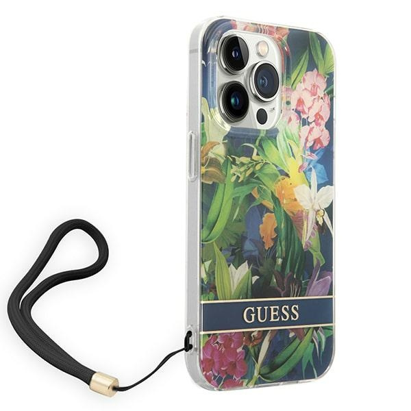 Guess GUOHCP14LHFLSB iPhone 14 Pro 6.1" blau/blau hartcase Flower Strap