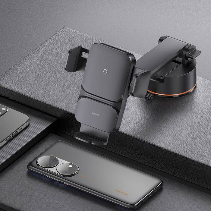 Cargador de inducción Baseus Wisdom soporte para teléfono de coche en el salpicadero (ventosa) negro