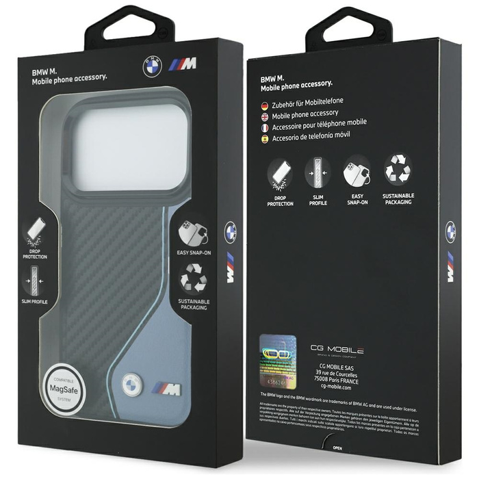 Etui BMW M Carbon Logo MagSafe do iPhone 17 Pro niebieski